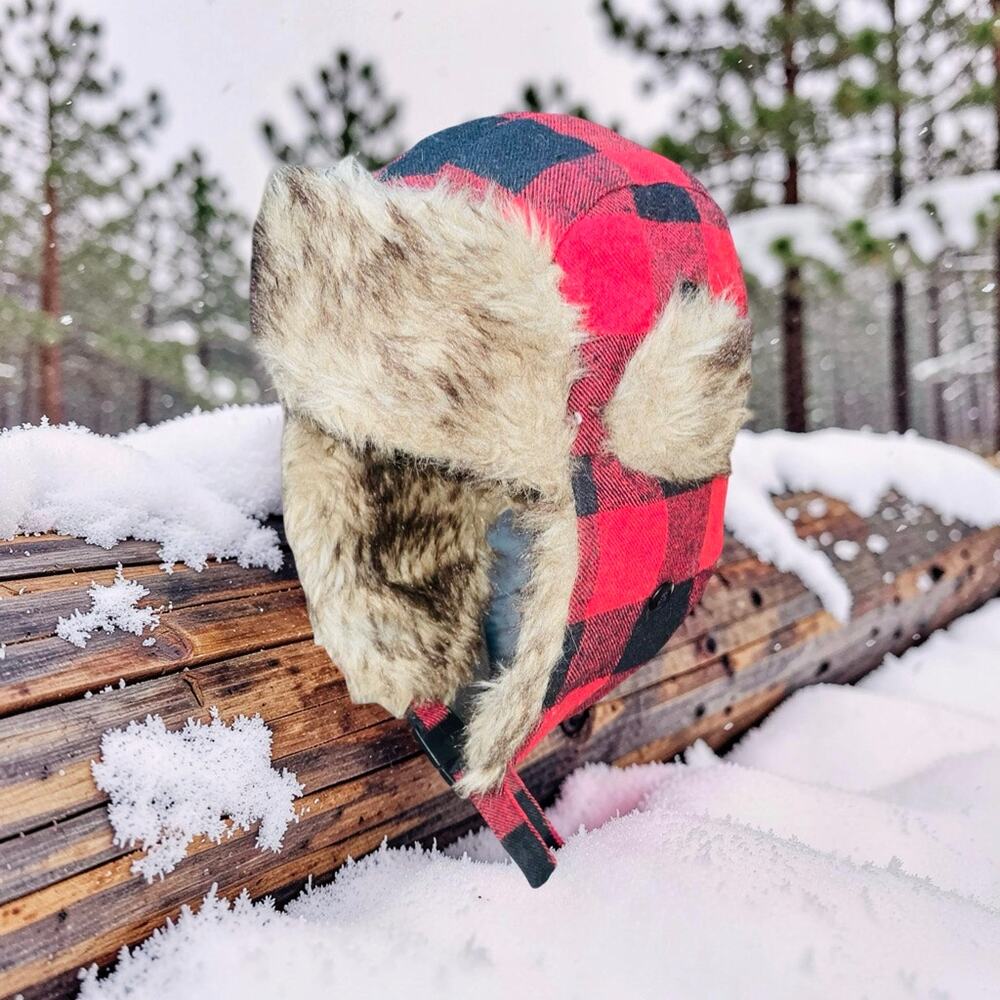PJ Salvage Trapper Hat Faux Fur Red Black Buffalo Check Plaid Bomber Aviator Cap